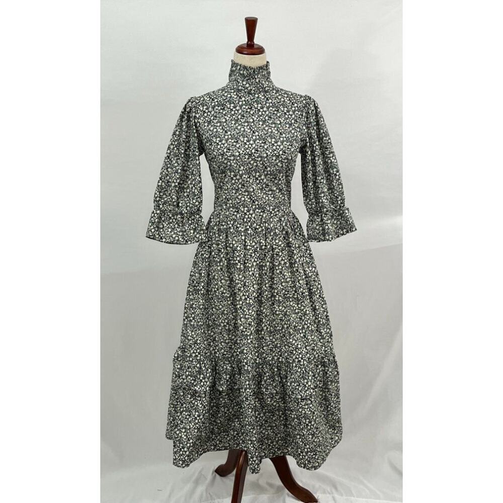 MEADOWS Sz 6 UK 2 US Black White Floral Clematis Dress High Neck Fall 3/4 Sleeve - Picture 10 of 15